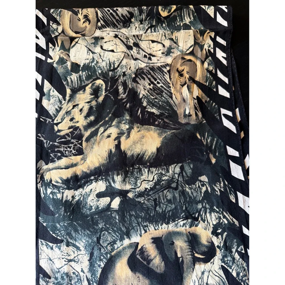 Adrienne Vittadini Scarf Black Safari Wildlife Zebra Lion Silk Oblong Artistic